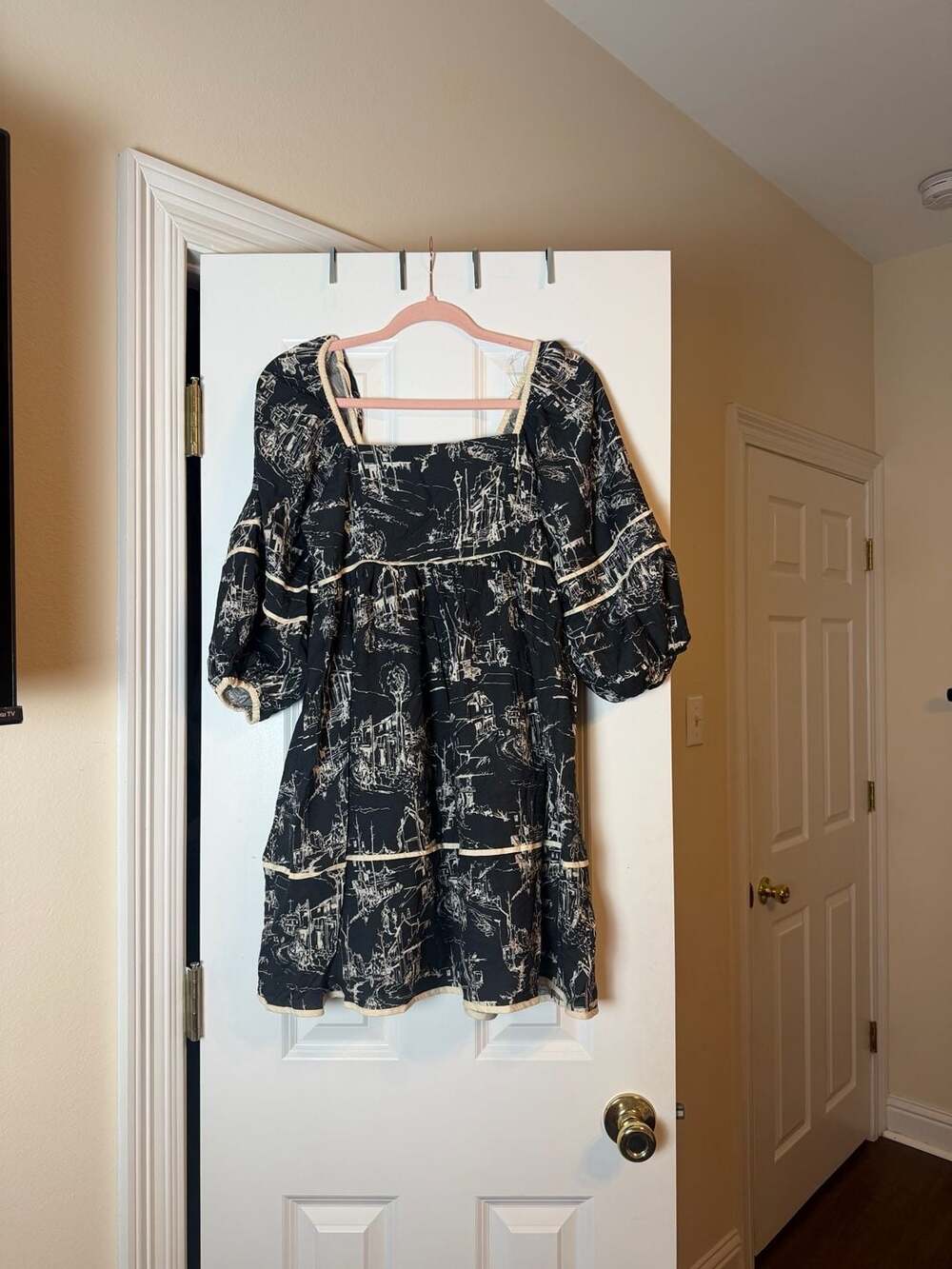 Toile Pattern Black Piping Dress